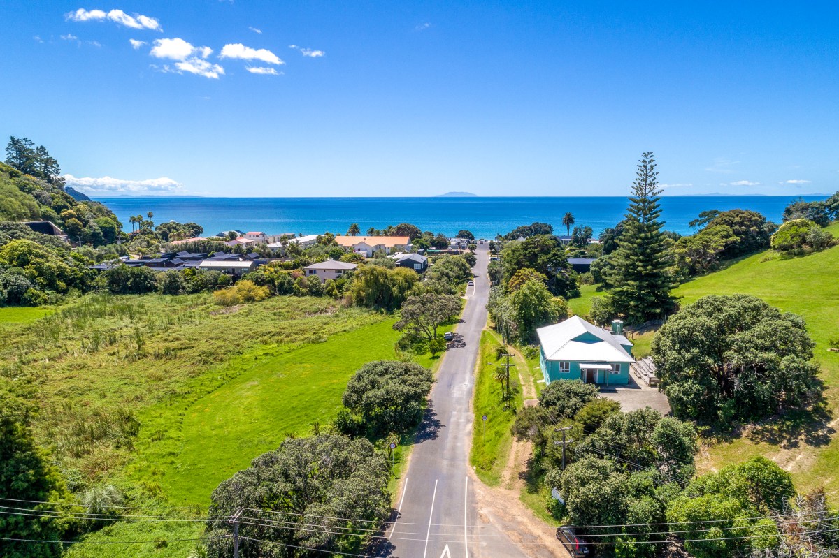 Drone image of Onetangi Community Hall looking out to sea.